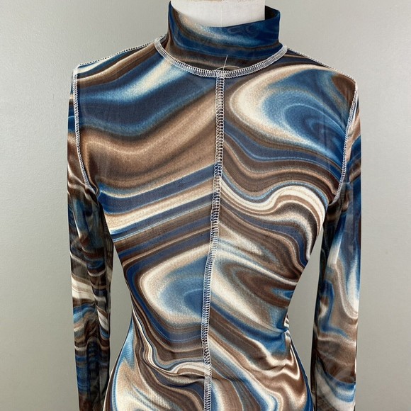 Vtg 90s Y2k Mesh Dress S M Bodycon Swirl Sheer Mock Neck Stretch Blue Brown - Picture 2 of 10